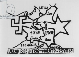 CHT163925 Pamphlet about the Molotov-Ribbentrop Pact, signed 23rd August 1939 which divided Poland (engraving) (b/w photo) by Polish School, (20th century); Private Collection; (add.info.: Tract denoncant le Pacte Germano-Sovietique divisant la Pologne; Joachim von Ribbentrop (1893-1946), foreign minister 1933-45; Vyacheslav Mikhaylovich Molotov (1890-1986) foreign minister;); Archives Charmet; Polish,  it is possible that some works by this artist may be protected by third party rights in some territories